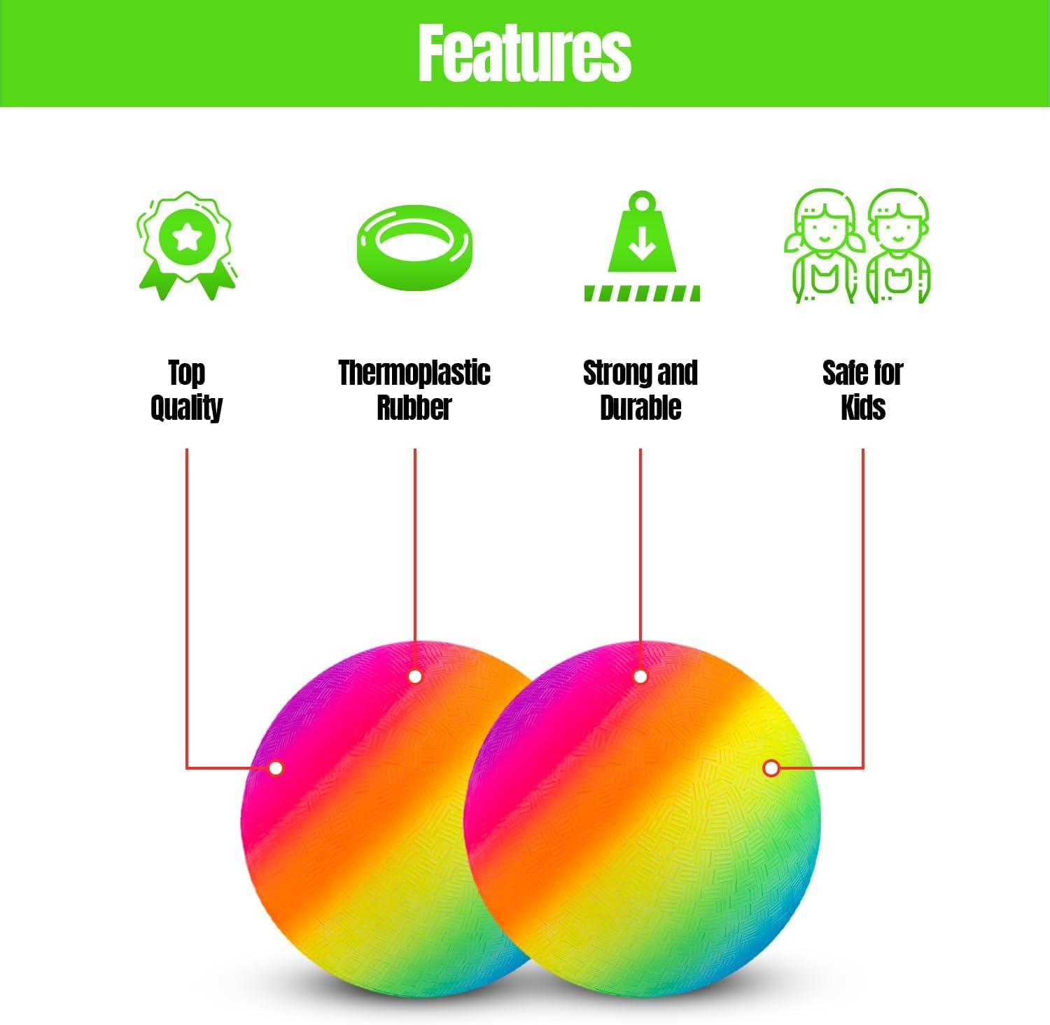 imageNew Bounce Playground Balls for Kids  Set of 2 Rainbow Colored Rubber Bouncing Kick Balls Plus Pump  Regulation Size for Dodgeball and More  Durable Inflatable 85quot Game Ball