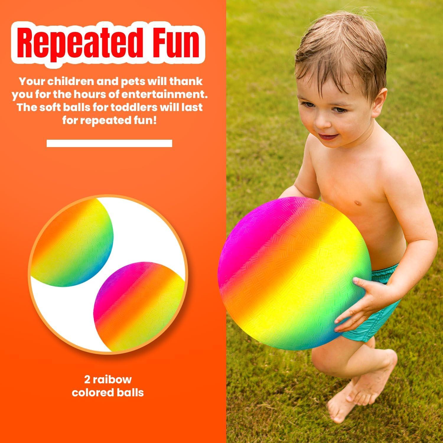 imageNew Bounce Playground Balls for Kids  Set of 2 Rainbow Colored Rubber Bouncing Kick Balls Plus Pump  Regulation Size for Dodgeball and More  Durable Inflatable 85quot Game Ball