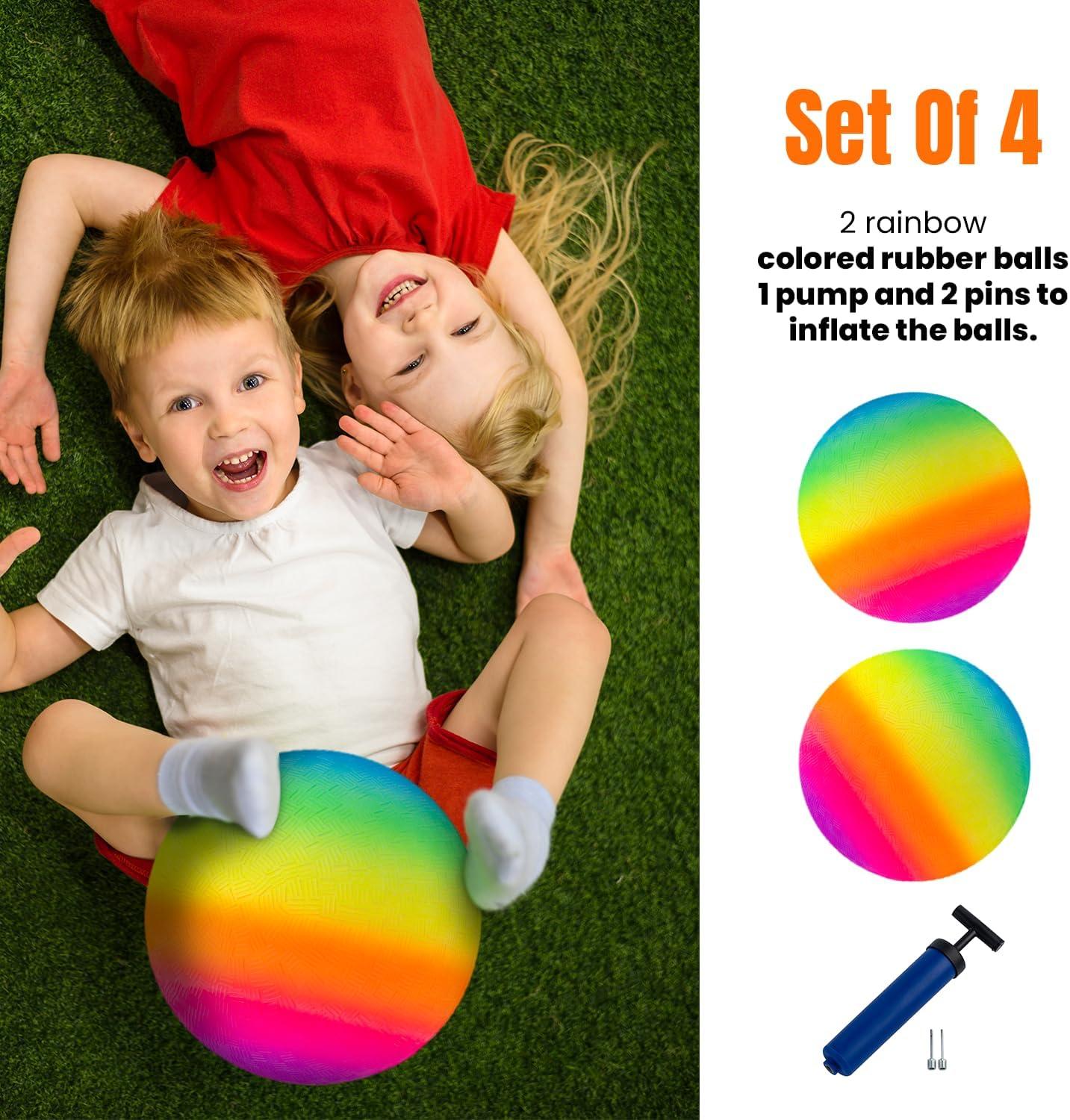 imageNew Bounce Playground Balls for Kids  Set of 2 Rainbow Colored Rubber Bouncing Kick Balls Plus Pump  Regulation Size for Dodgeball and More  Durable Inflatable 85quot Game Ball