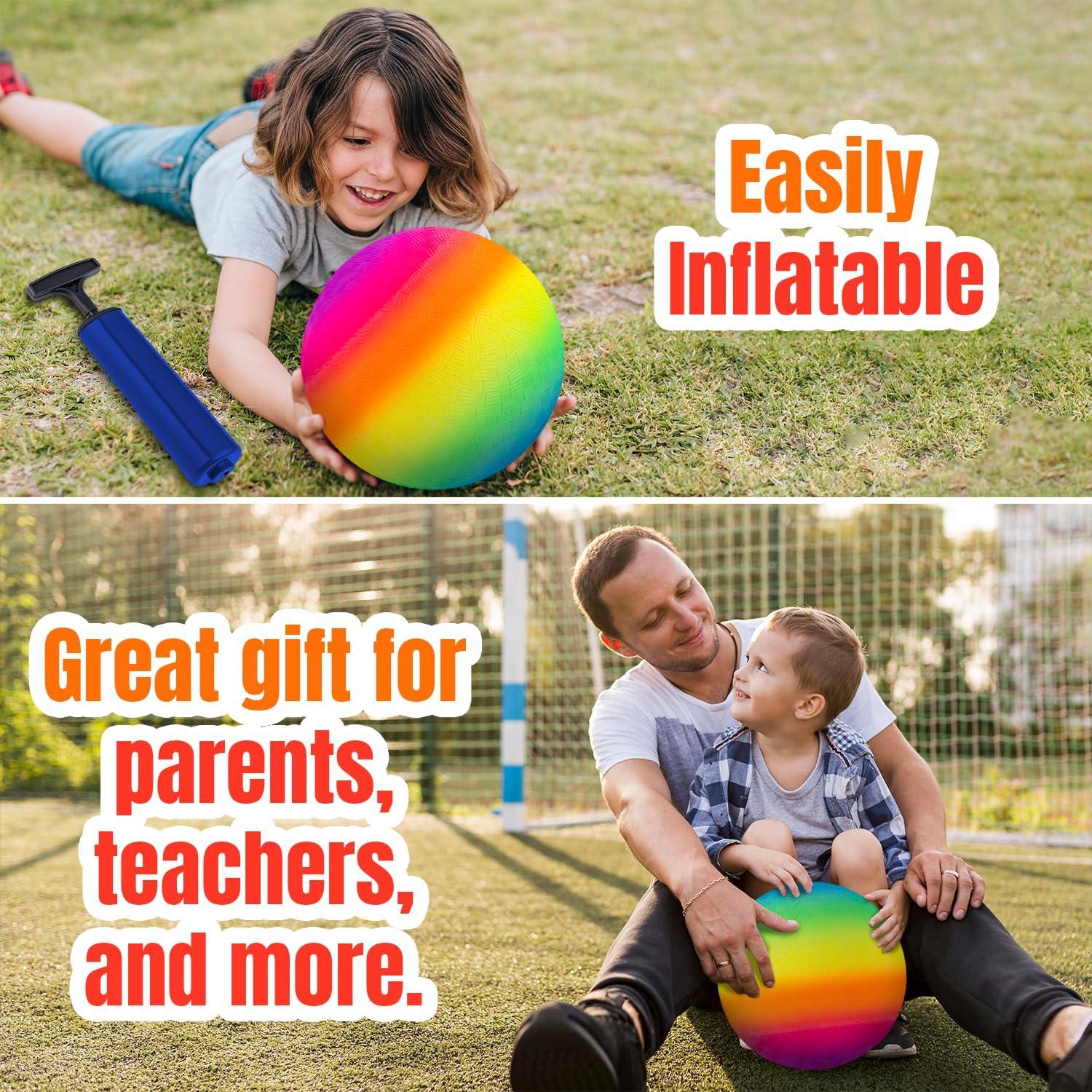 imageNew Bounce Playground Balls for Kids  Set of 2 Rainbow Colored Rubber Bouncing Kick Balls Plus Pump  Regulation Size for Dodgeball and More  Durable Inflatable 85quot Game Ball