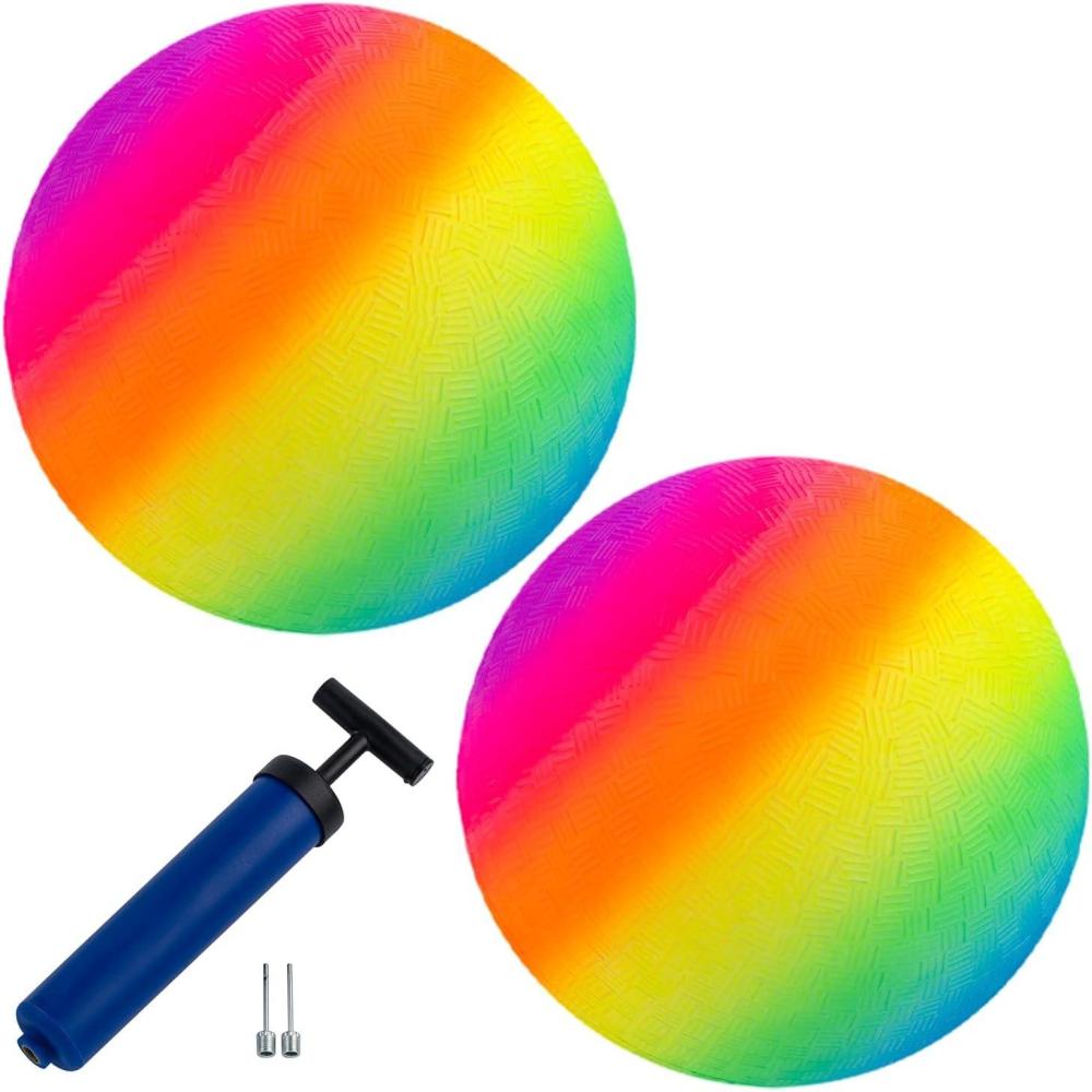 imageNew Bounce Playground Balls for Kids  Set of 2 Rainbow Colored Rubber Bouncing Kick Balls Plus Pump  Regulation Size for Dodgeball and More  Durable Inflatable 85quot Game Ball